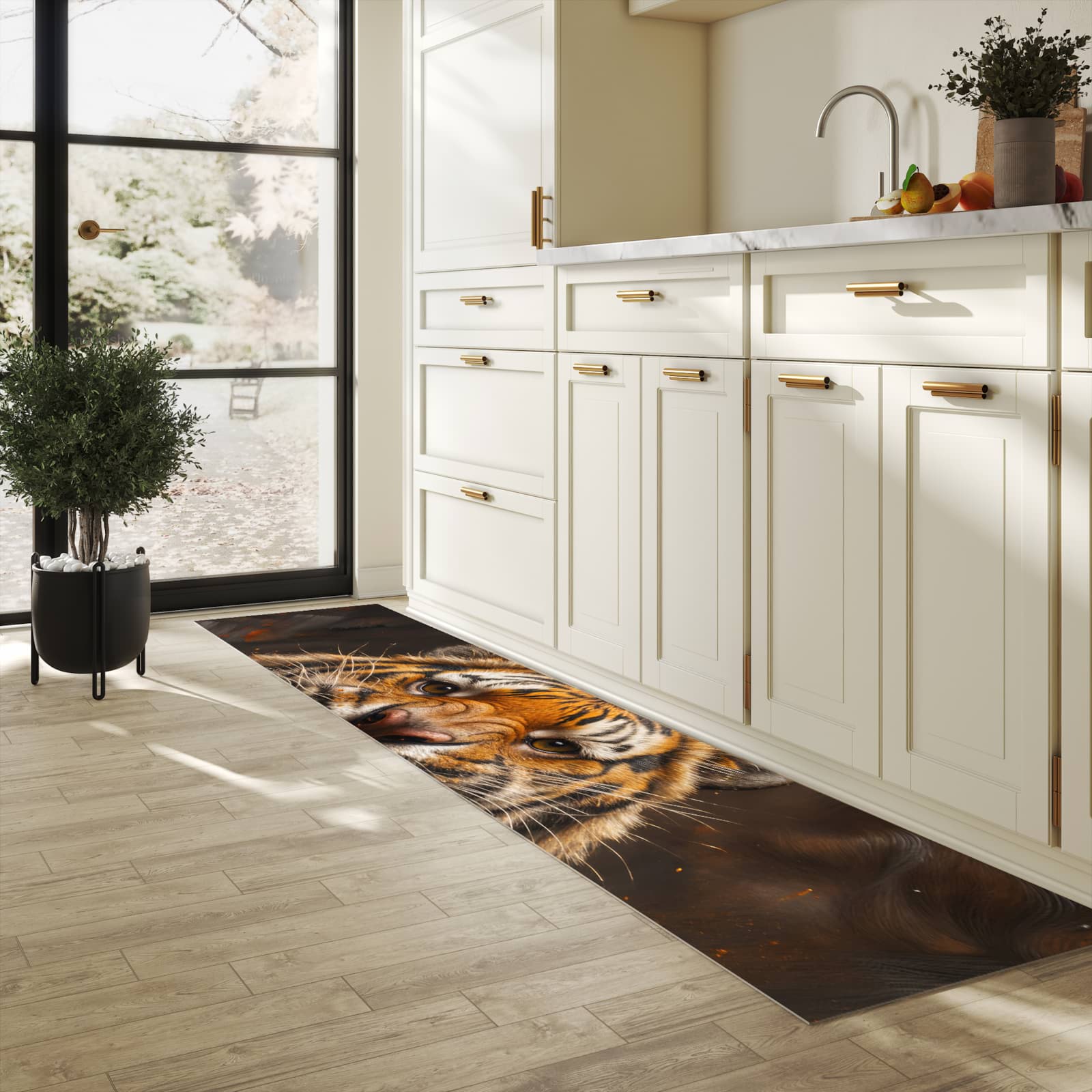 Langlebiger Bodenläufer mit Motiv Tiger im Feuer in heller Küche