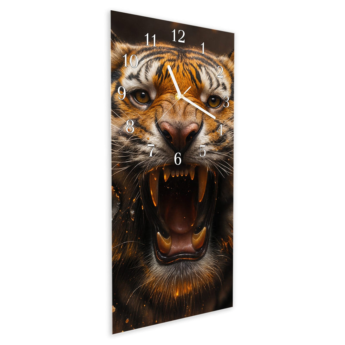 Vormontiert – mit Schwebeeffekt – Wanduhr Tiger im Feuer aus Glas – Hochformat 30 × 60 cm