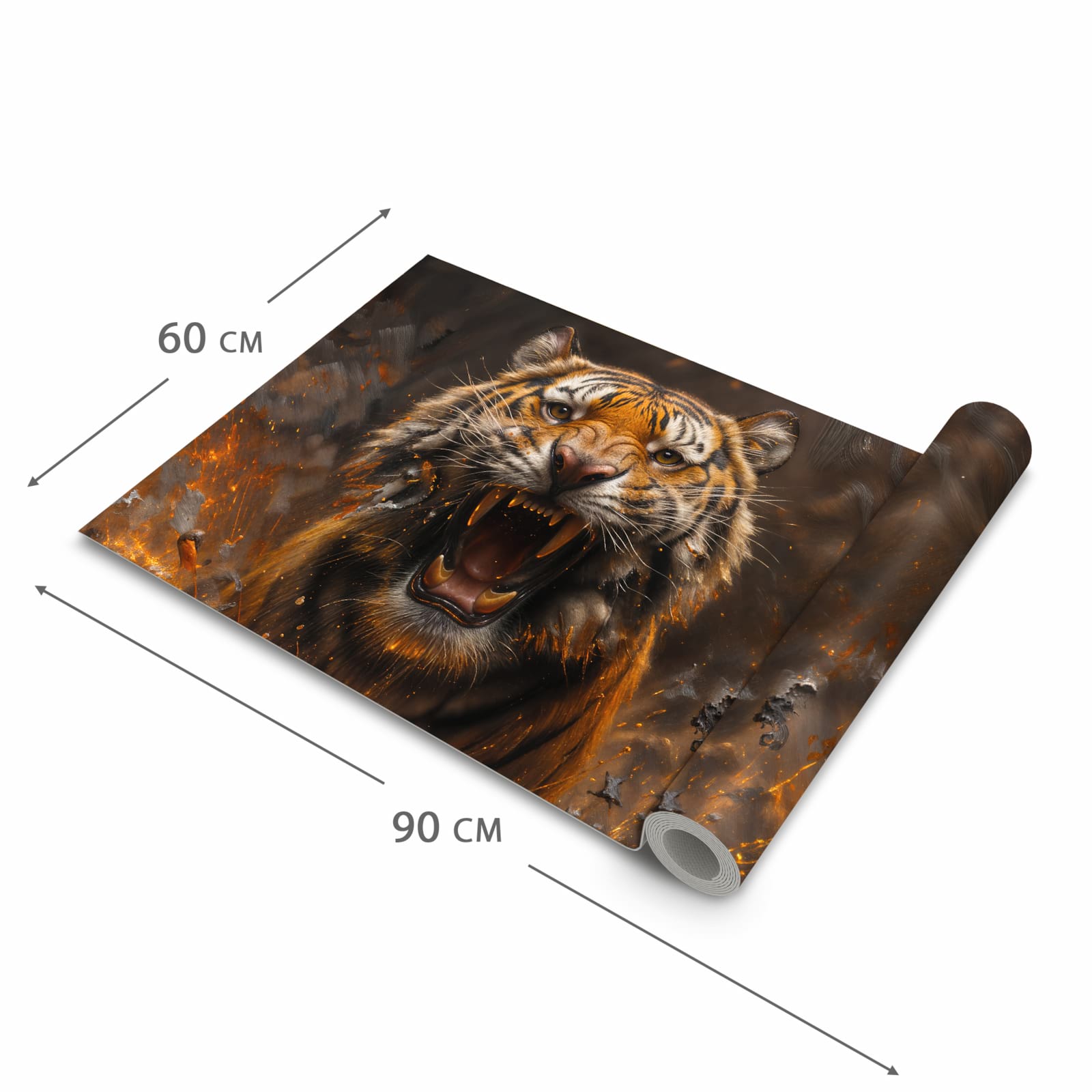 Rutschfester dünner Teppich mit Motiv Tiger im Feuer in der Grösse 60x240 cm