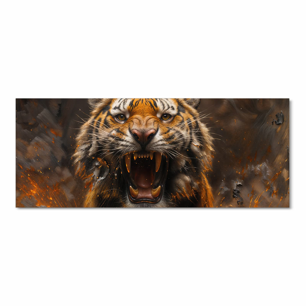 Brüllender Tiger frontal, umgeben von Funken und orangeroter Glut