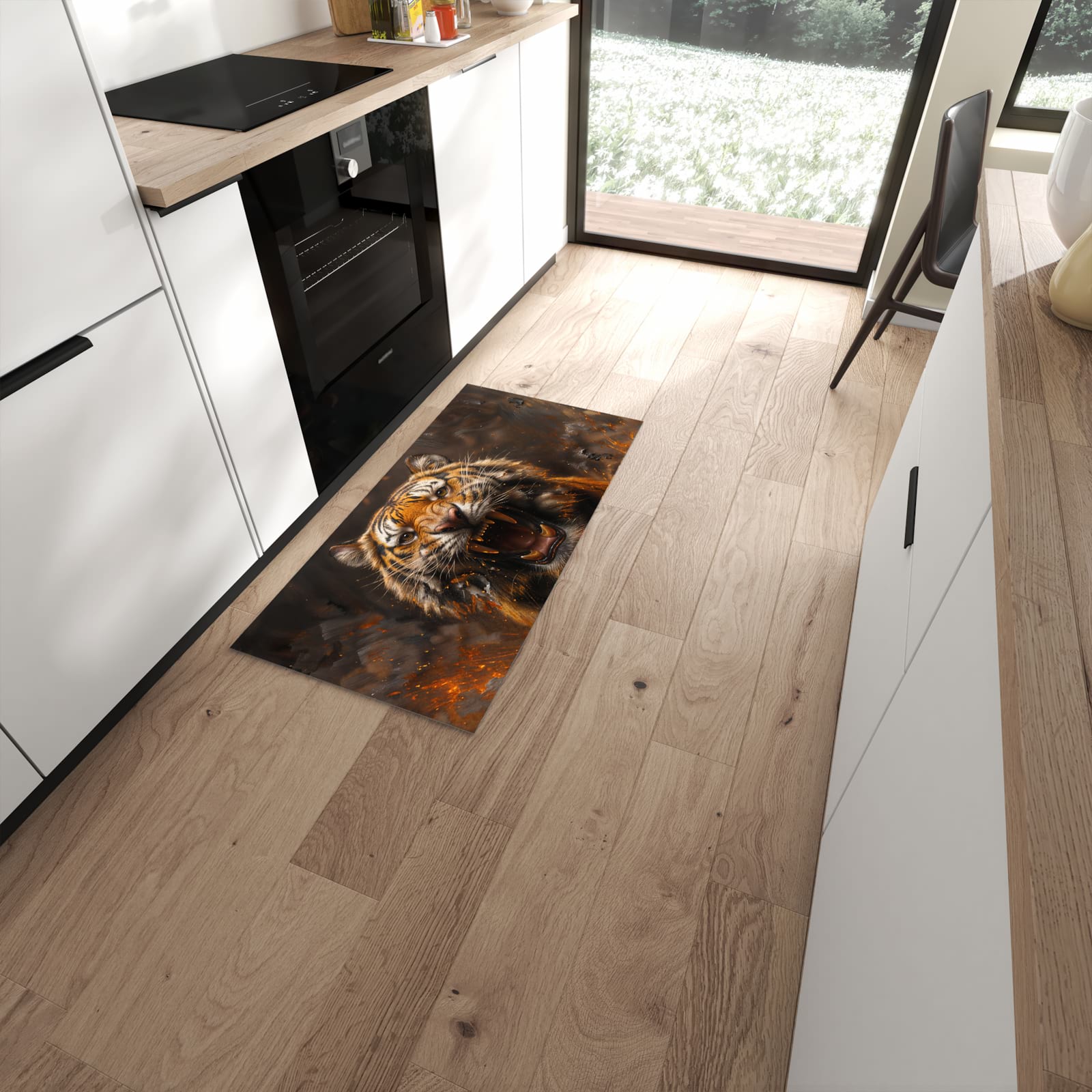 UV-beständiger waschbarer Teppich für Esstisch mit Motiv Tiger im Feuer in moderner Küche #grösse_60 x 120 cm