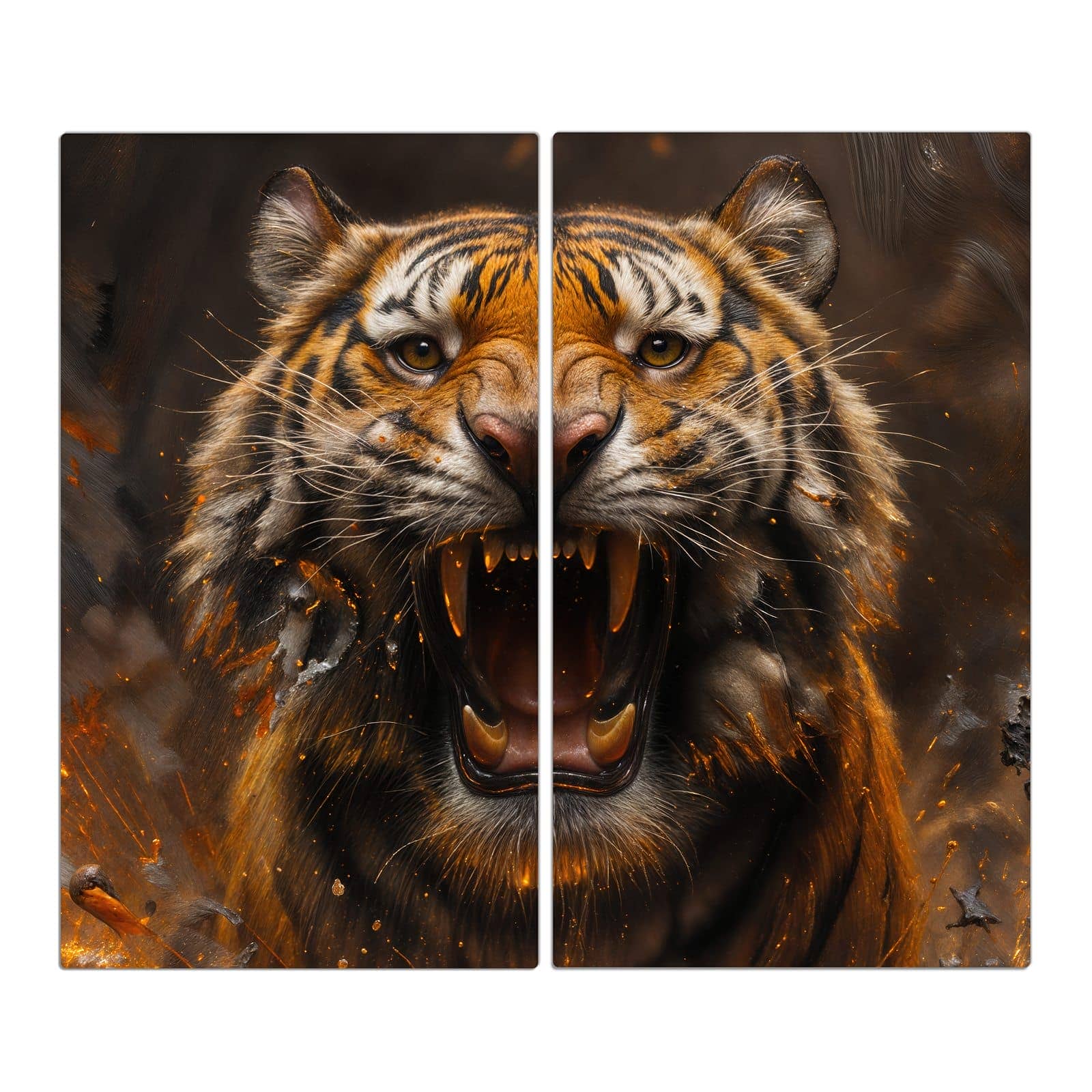 2-teilige Ceranfeld Abdeckungen mit Tiger im Feuer-Motiv in der Frontansicht