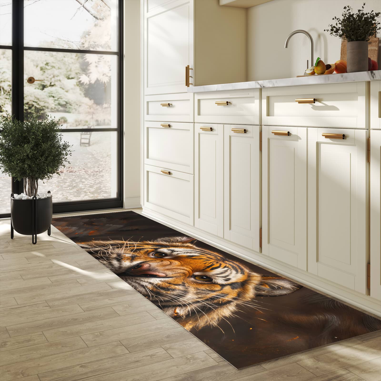 Bodenschonender rutschfester Küchenteppich mit Motiv Tiger im Feuer in heller Küche