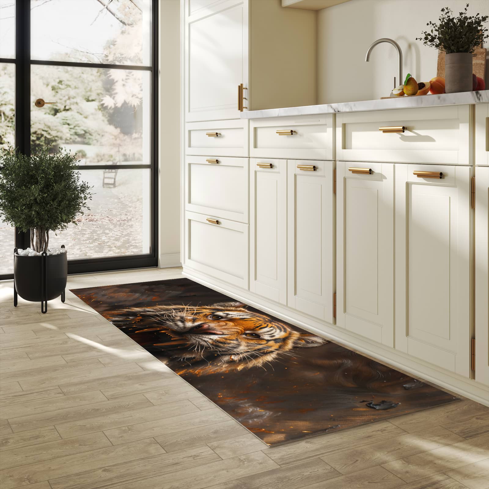 Bodenschonender Küchenteppich mit Motiv Tiger im Feuer in heller Küche