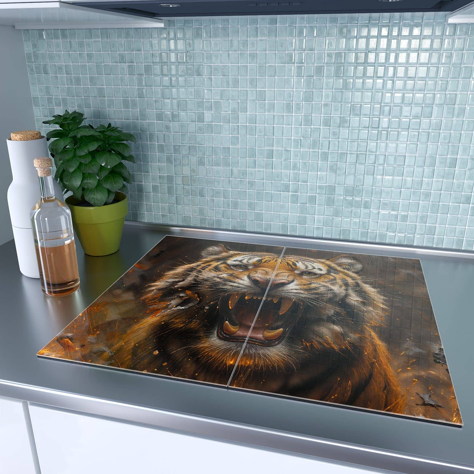 2-teilige Herdabdeckplatten für Ceranfeld mit Tiger im Feuer-Motiv auf dem Ceranfeld