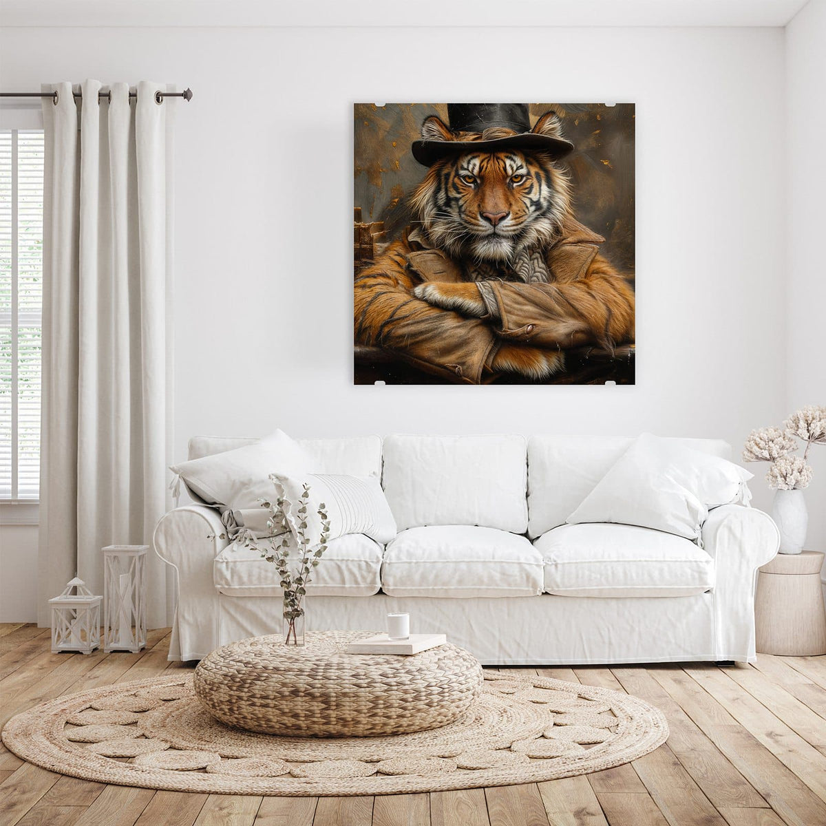 Glasbild Tiger mit Zylinder an der Wand – Tiger mit Zylinderhut und Ledermantel, Arme verschränkt
