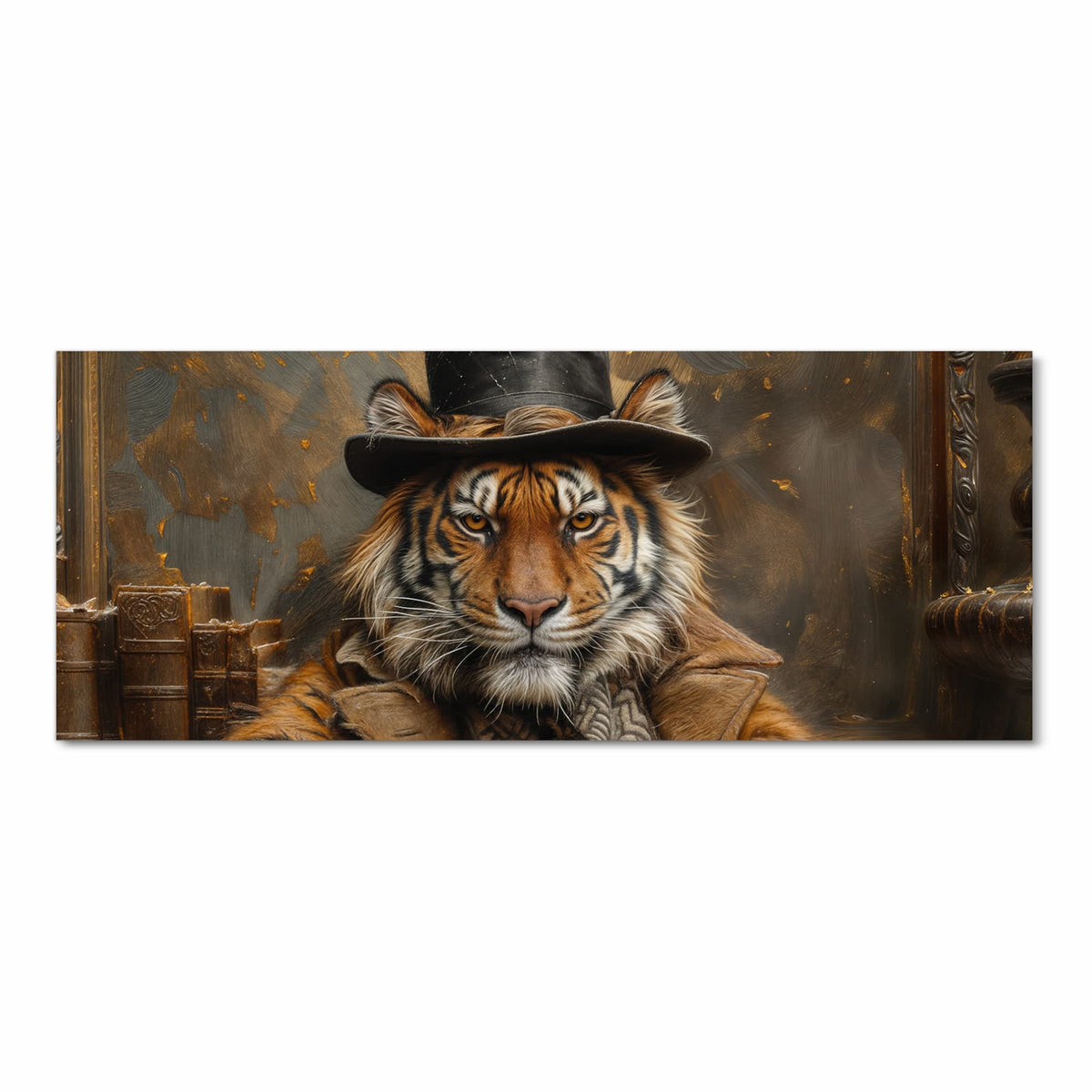Strapazierfähiger Teppichläufer für die Küche mit Motiv Tiger mit Zylinder in Frontansicht