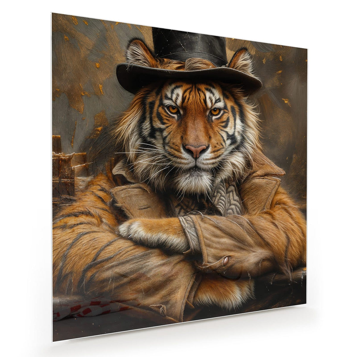 Tiger mit Zylinderhut und Ledermantel, Arme verschränkt