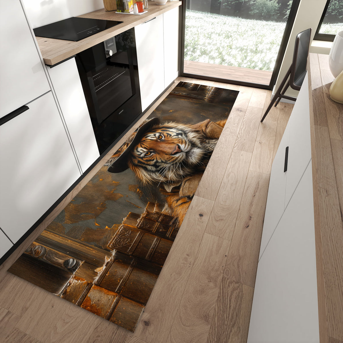 Dünner Küchenteppich mit Motiv Tiger mit Zylinder in moderner Küche für sicheres Aufbewahren