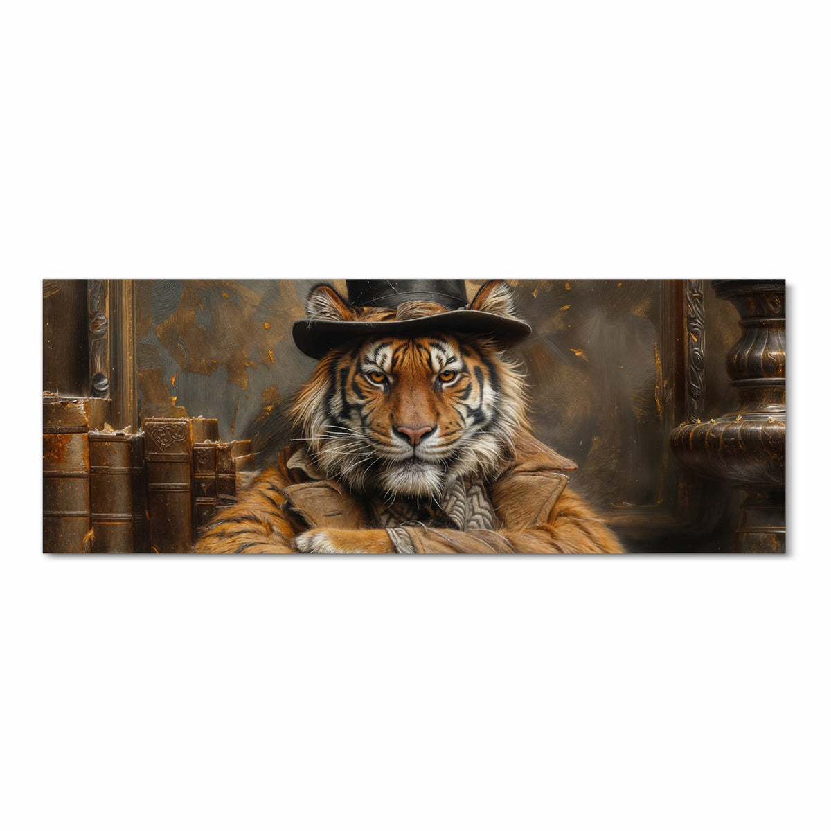 Formstabiler waschbarer Teppich fürs Esszimmer mit Motiv Tiger mit Zylinder in Frontansicht