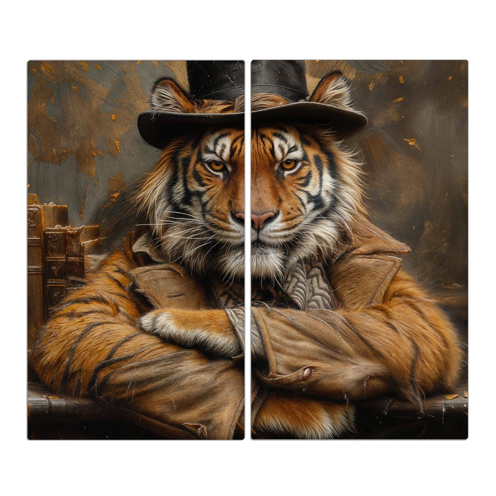 2-teilige Herdabdeckplatte mit Tiger mit Zylinder-Motiv in der Frontansicht