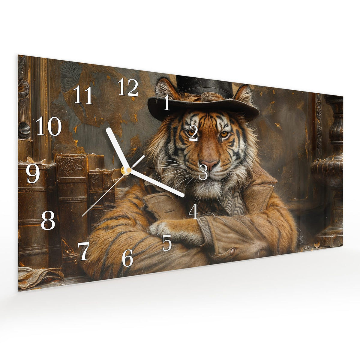 Vormontiert – mit Schwebeeffekt – Wanduhr Tiger mit Zylinder aus Glas – Querformat 60 × 30 cm