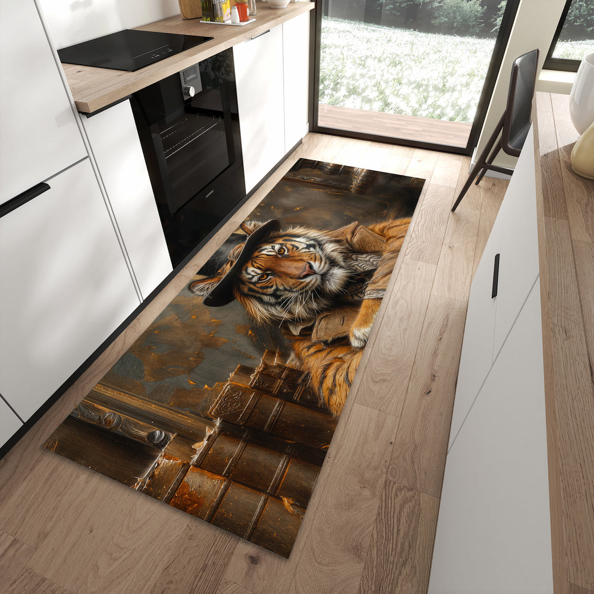 Abriebfester waschbarer Teppich fürs Esszimmer mit Motiv Tiger mit Zylinder in moderner Küche