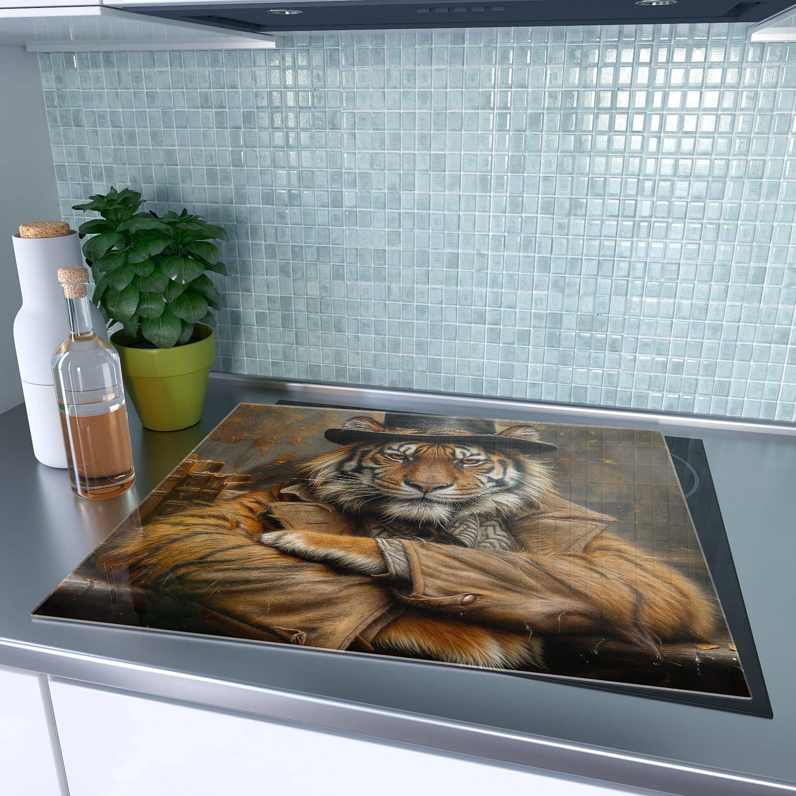 1-teilige Herdabdeckplatte aus Glas mit Tiger mit Zylinder-Motiv auf dem Ceranfeld