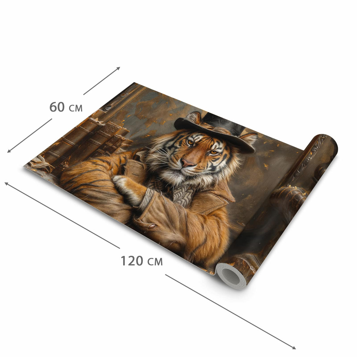 Geräuschdämpfender Teppich für die Küche mit Motiv Tiger mit Zylinder in der Größe 60x180 cm