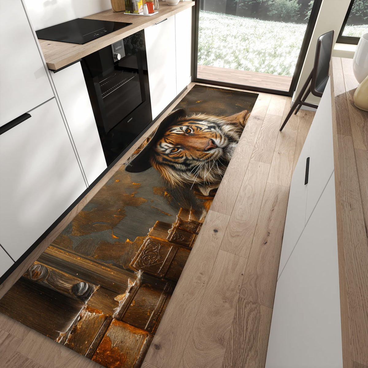 Rutschfester dünner Teppich mit Motiv Tiger mit Zylinder spart Zeit in moderner Küche