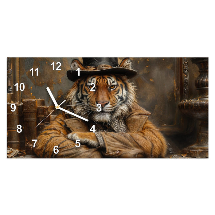 Wanduhr Tiger mit Zylinder aus Glas – Querformat 60 × 30 cm mit Ziffernblatt Modern