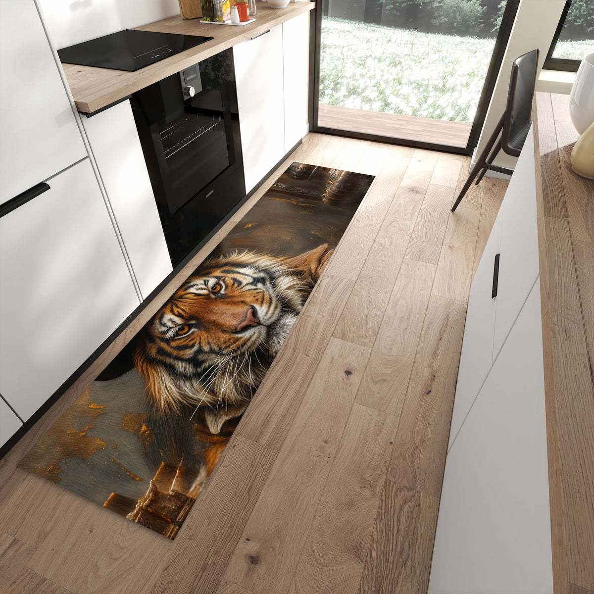 Feuchtigkeitsresistenter Teppichläufer mit Motiv Tiger mit Zylinder in moderner Küche