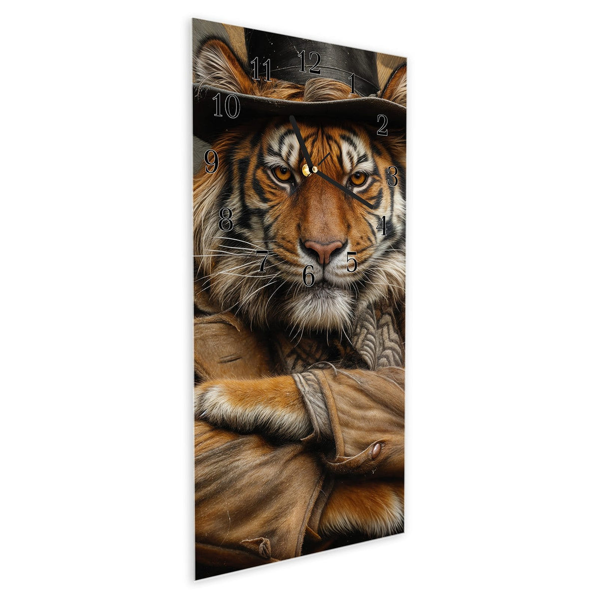Vormontiert – mit Schwebeeffekt – Wanduhr Tiger mit Zylinder aus Glas – Hochformat 30 × 60 cm