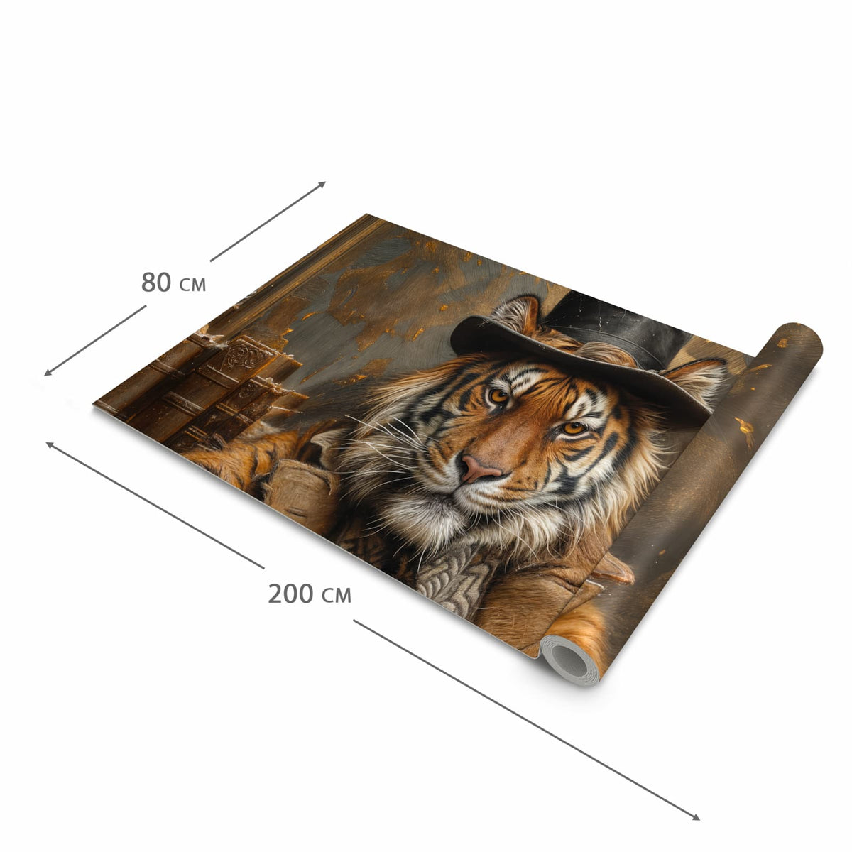 Geruchsneutraler Küchenteppich mit Motiv Tiger mit Zylinder in der Grösse 60x180 cm