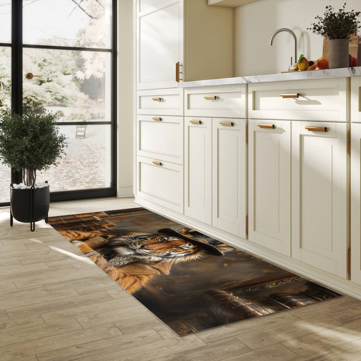 Rutschhemmender dünner Teppich mit Motiv Tiger mit Zylinder in heller Küche