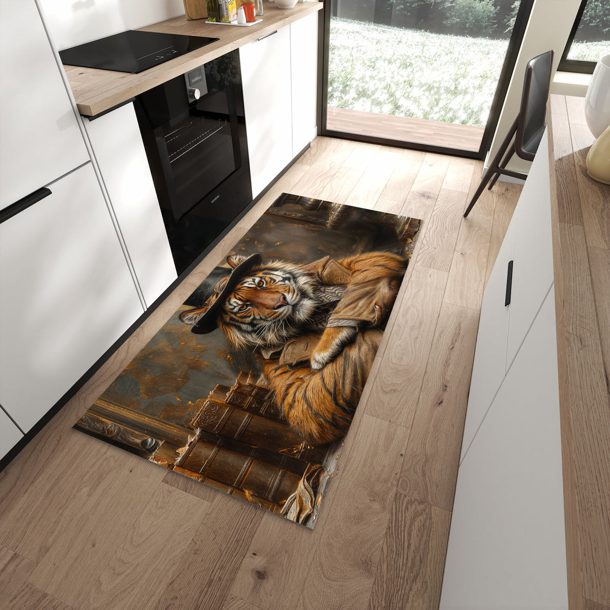 Geräuschdämpfender dünner Küchenteppich mit Motiv Tiger mit Zylinder in moderner Küche