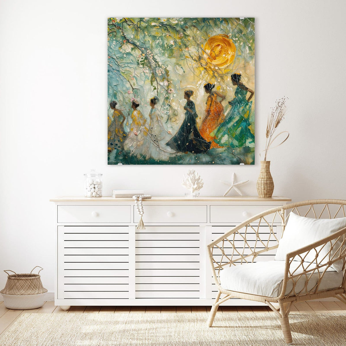 Glasbild Spaziergang in Blüten an der Wand – Gemalte Gruppe von Frauen in langen Kleidern, die unter blühenden Zweigen und einer goldenen Sonne gehen