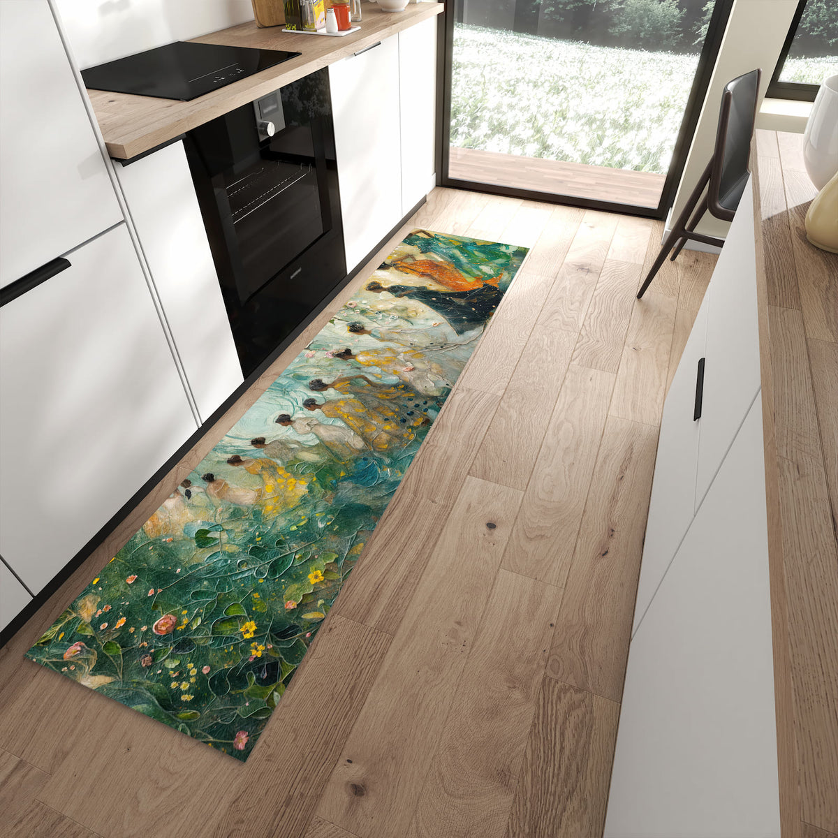 Geruchsneutraler Küchenteppich mit Motiv Festliches Gemälde in moderner Küche