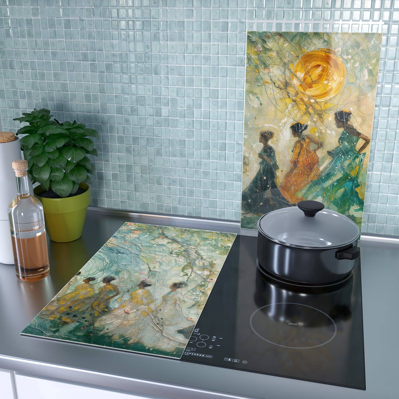 2-teilige Herdabdeckplatte mit Festliches Gemälde-Motiv als Spritzschutz hinter dem Kochfeld
