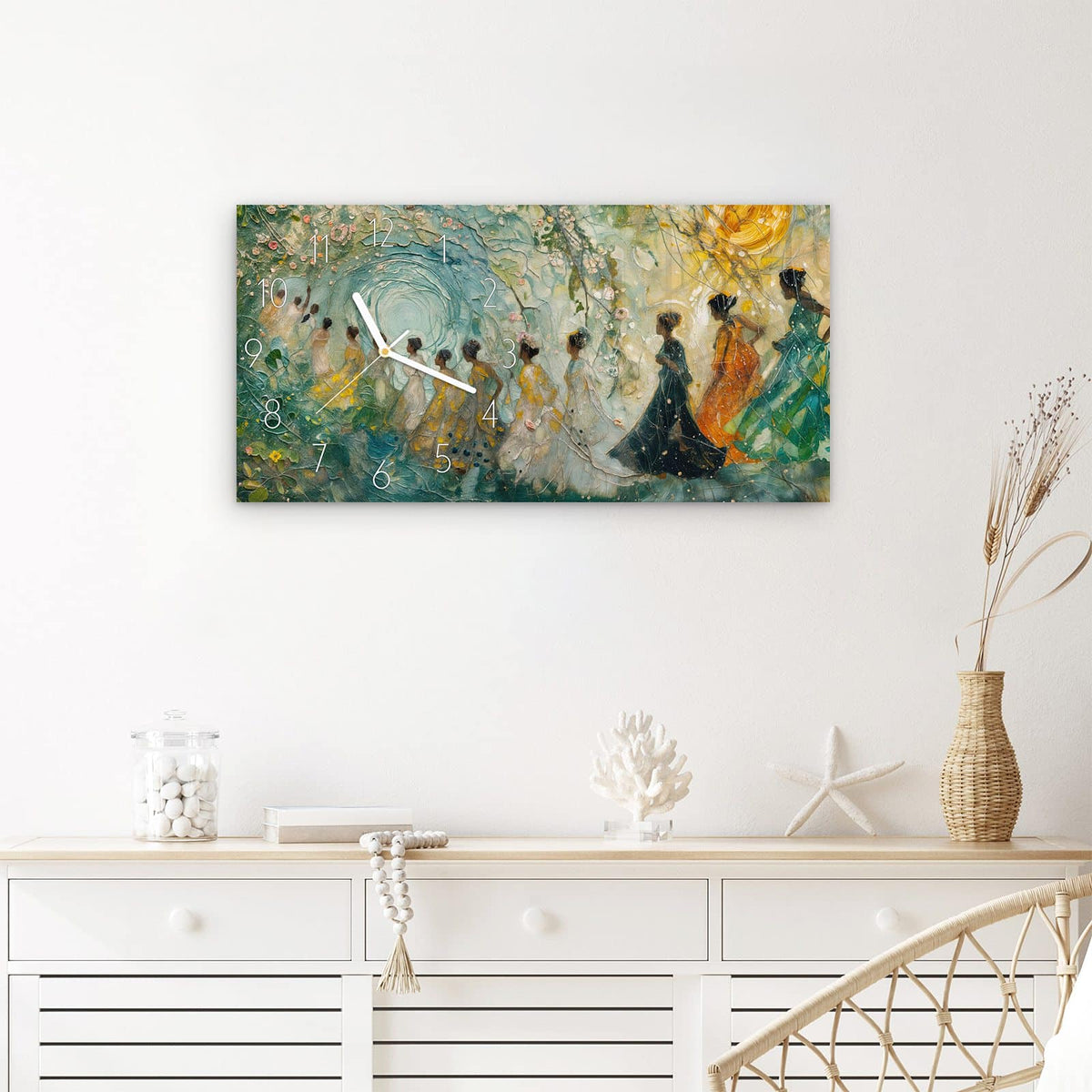 Wanduhr Festliches Gemälde aus Glas – Querformat 60 × 30 cm – Elegante Menschen im Blütentunnel