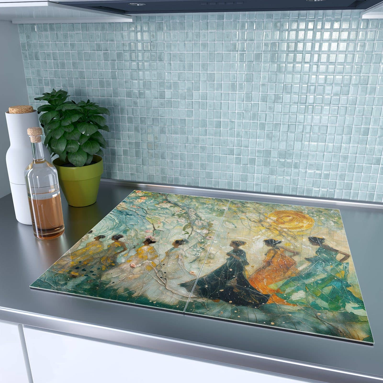 2-teilige Herdabdeckplatte mit Festliches Gemälde-Motiv auf dem Ceranfeld in moderner Küche
