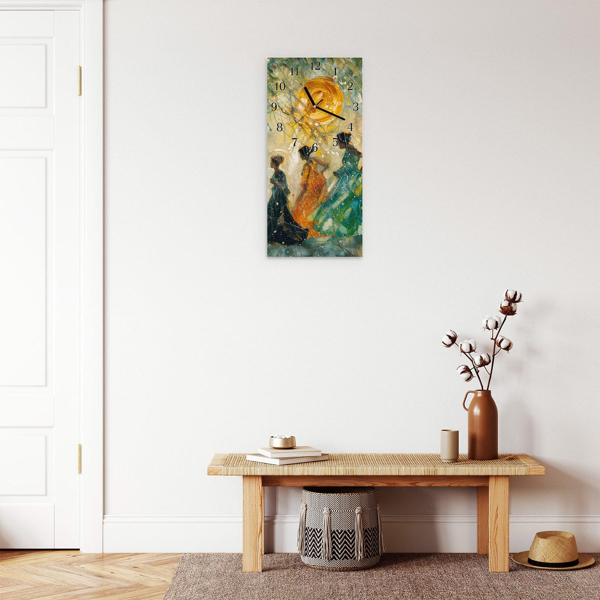 Moderne Wanduhr aus Glas mit Farbtiefe – Wanduhr Festliches Gemälde aus Glas – Hochformat 30 × 60 cm