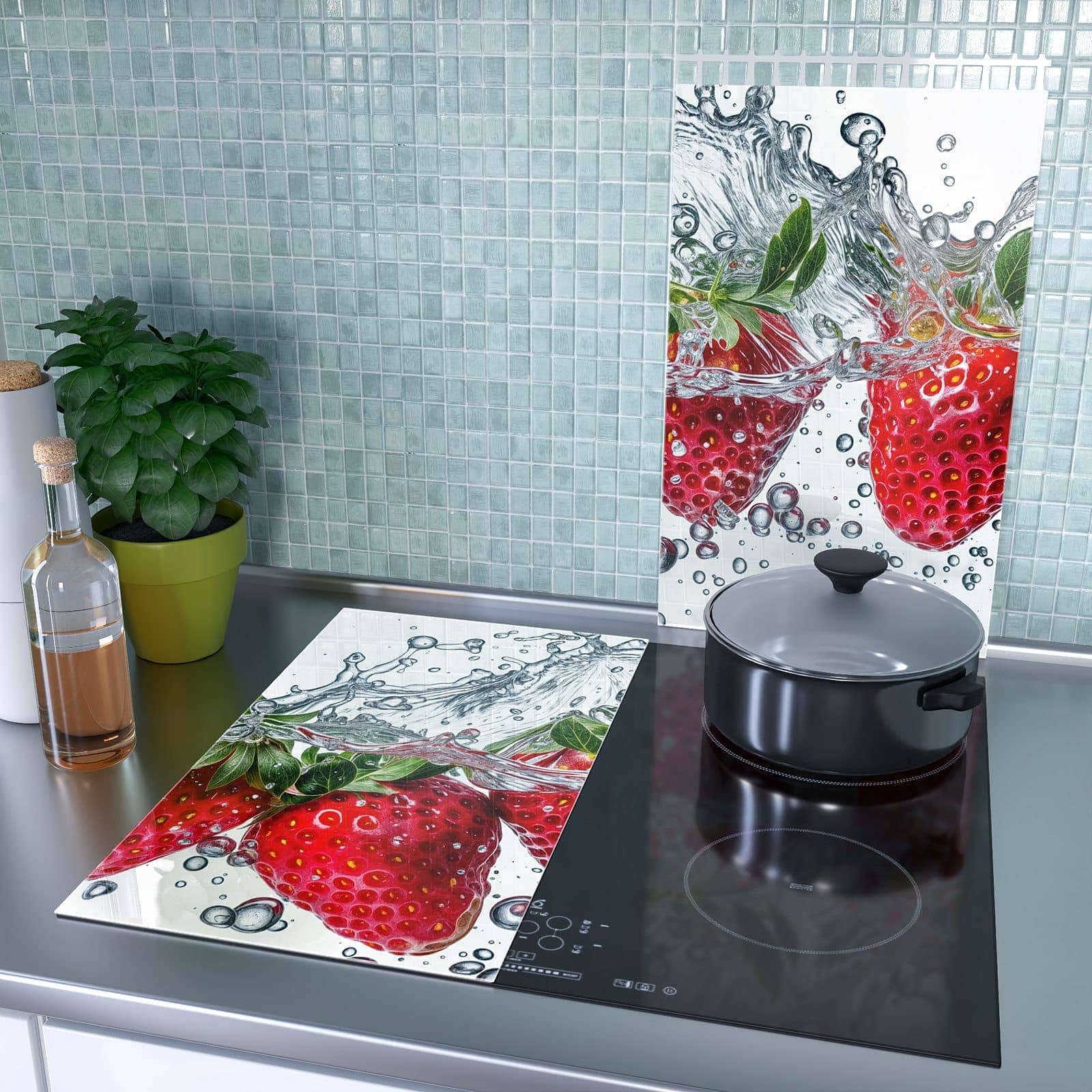 2-teilige Herdabdeckplatte mit Spritzige Erdbeeren-Motiv als Spritzschutz hinter dem Kochfeld