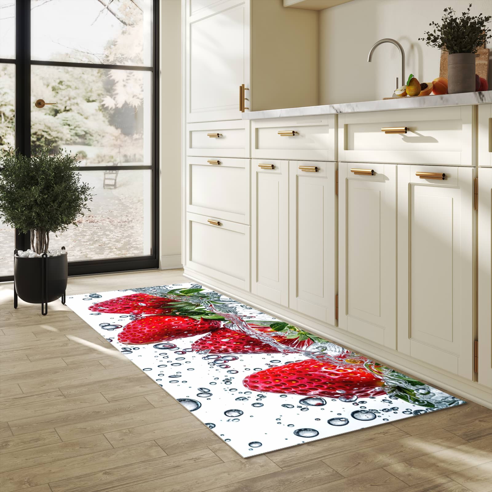 Waschbarer Küchenläufer mit Motiv In Wasser Erdbeeren in heller Küche für angenehme Haptik
