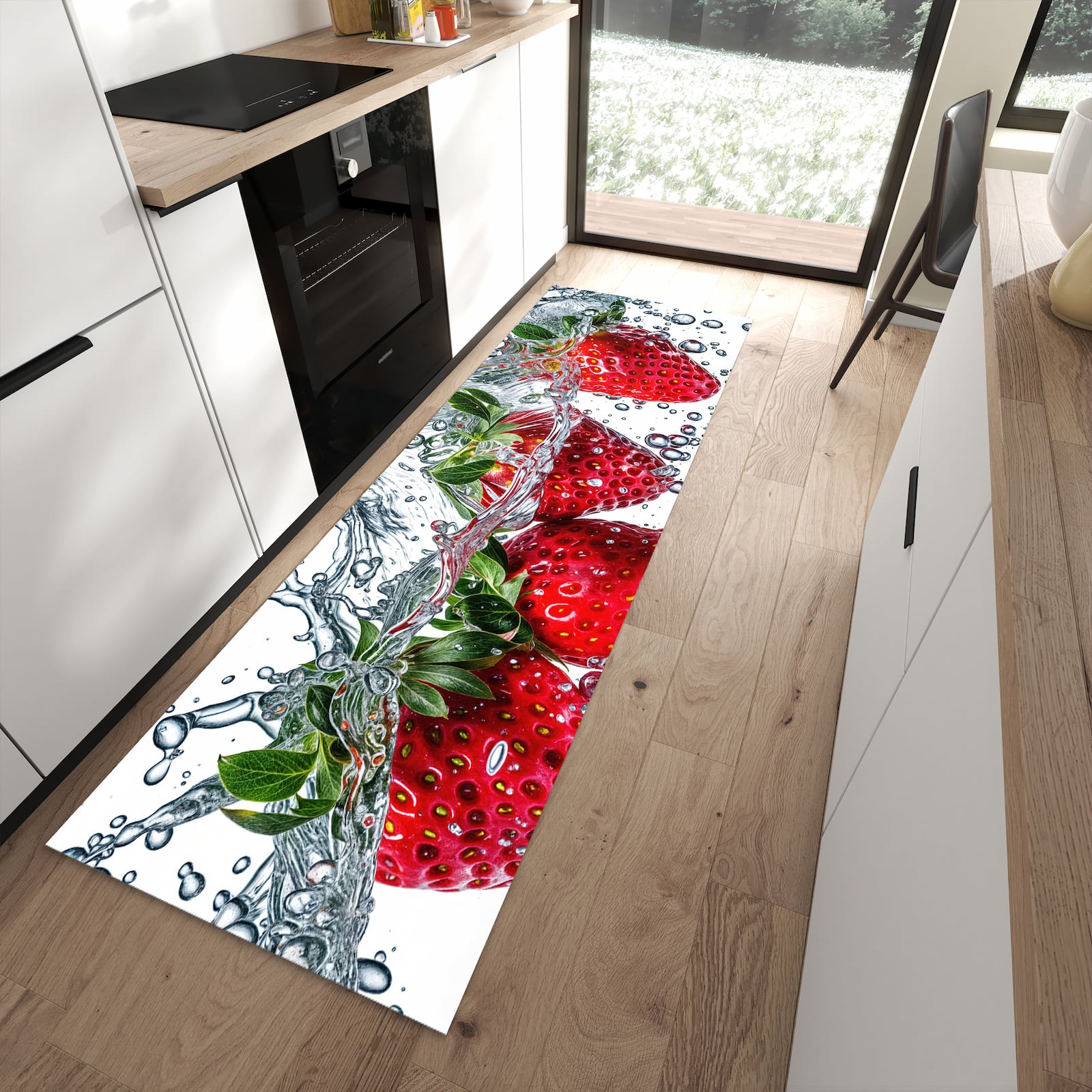 Zeitsparender Küchenläufer nach Maß mit Motiv In Wasser Erdbeeren in moderner Küche