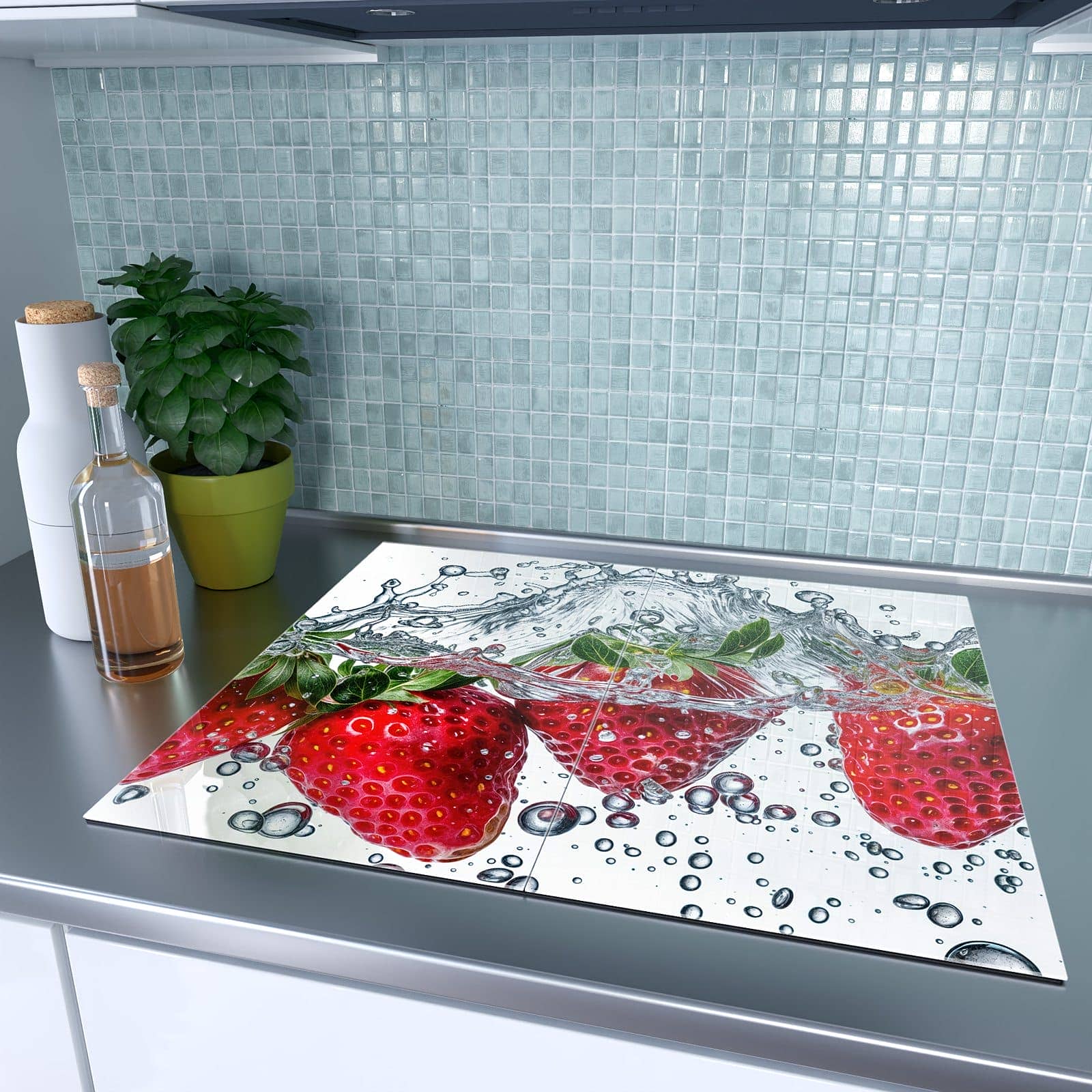 2-teilige Herdschutzplatte mit Spritzige Erdbeeren-Motiv auf dem Ceranfeld