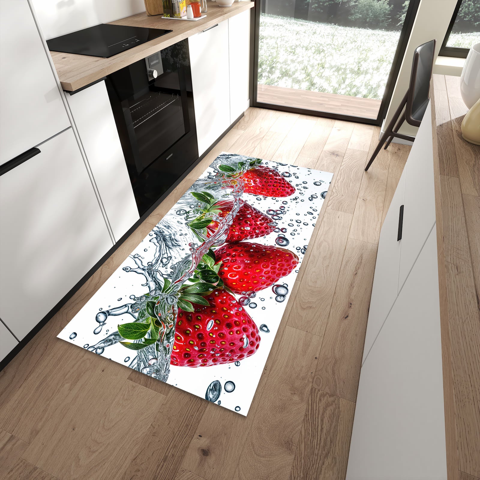 UV-beständiger abwaschbarer Küchenläufer mit Motiv In Wasser Erdbeeren in moderner Küche