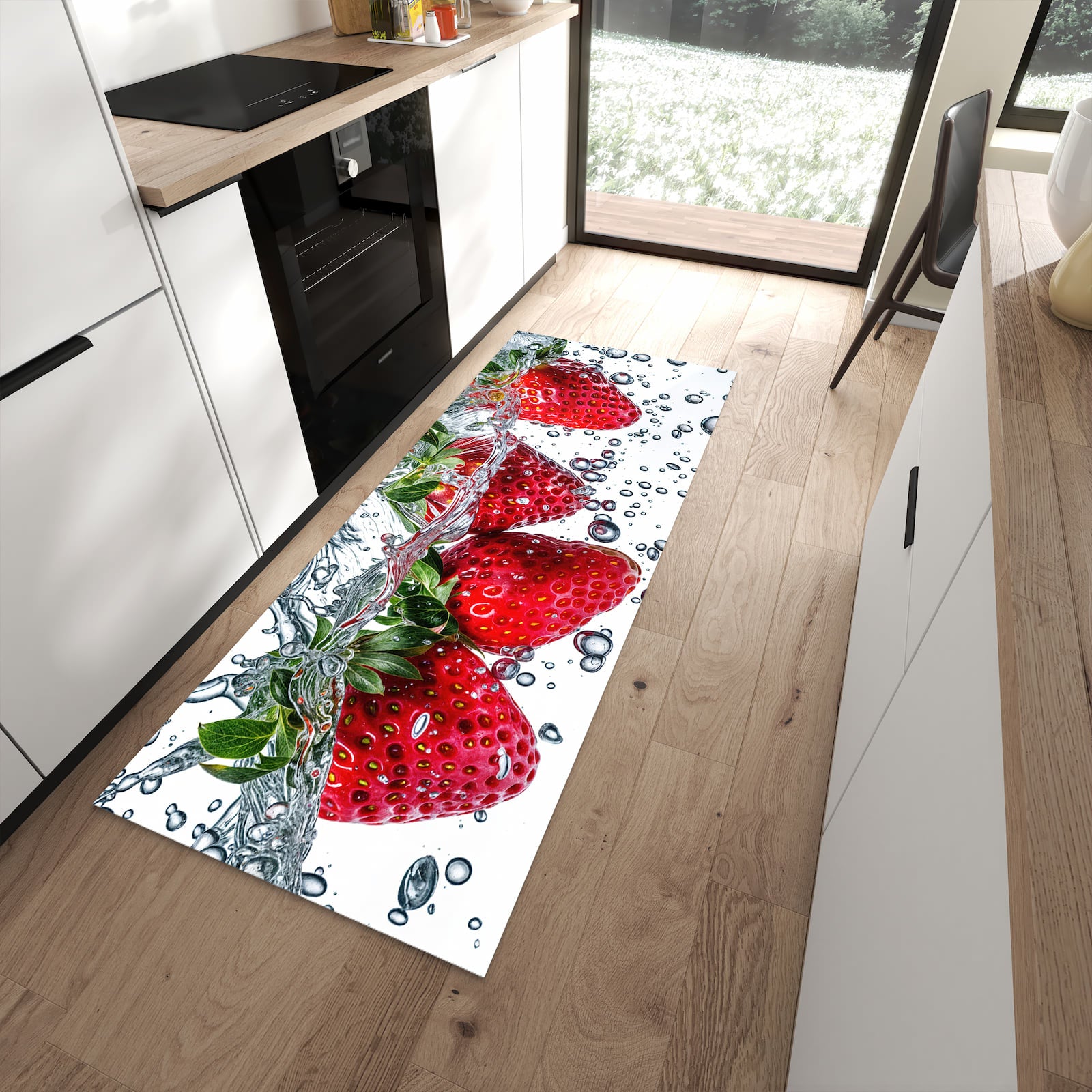 Sicherer Küchenläufer mit Motiv In Wasser Erdbeeren in moderner Küche