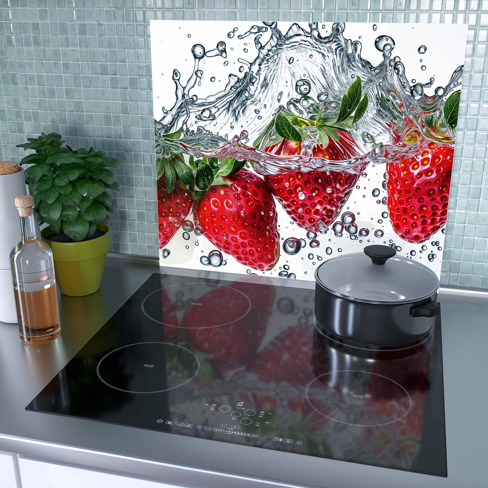 1-teilige Ceranfeld Abdeckplatten mit Spritzige Erdbeeren-Motiv als Spritzschutz hinter dem Kochfeld