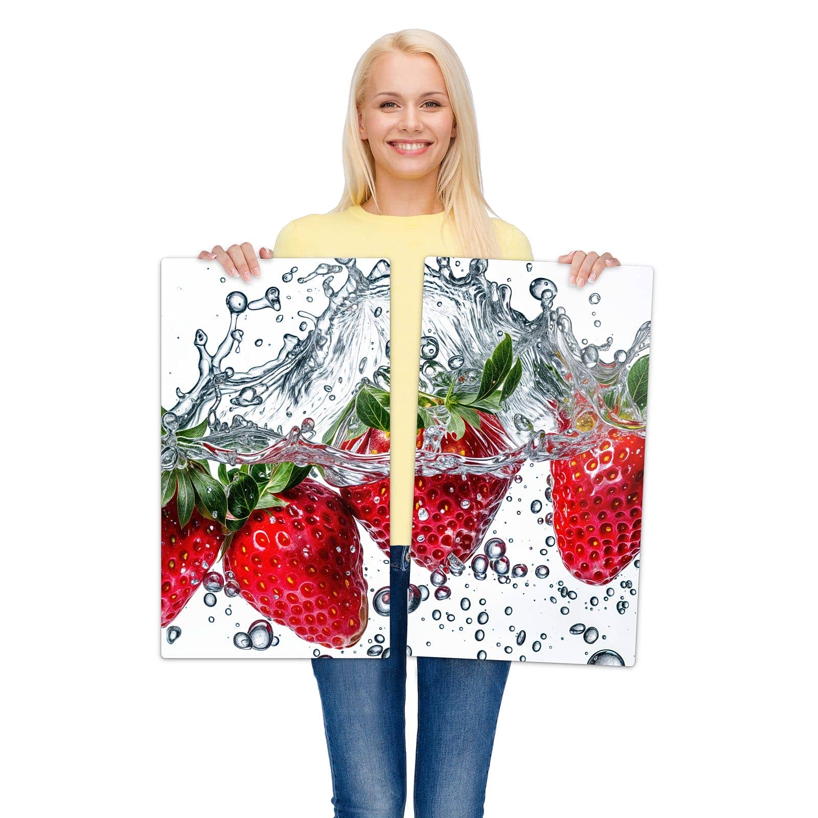 2-teilige Ceranfeld Abdeckungen mit Spritzige Erdbeeren-Motiv wird zur Größendarstellung gehalten