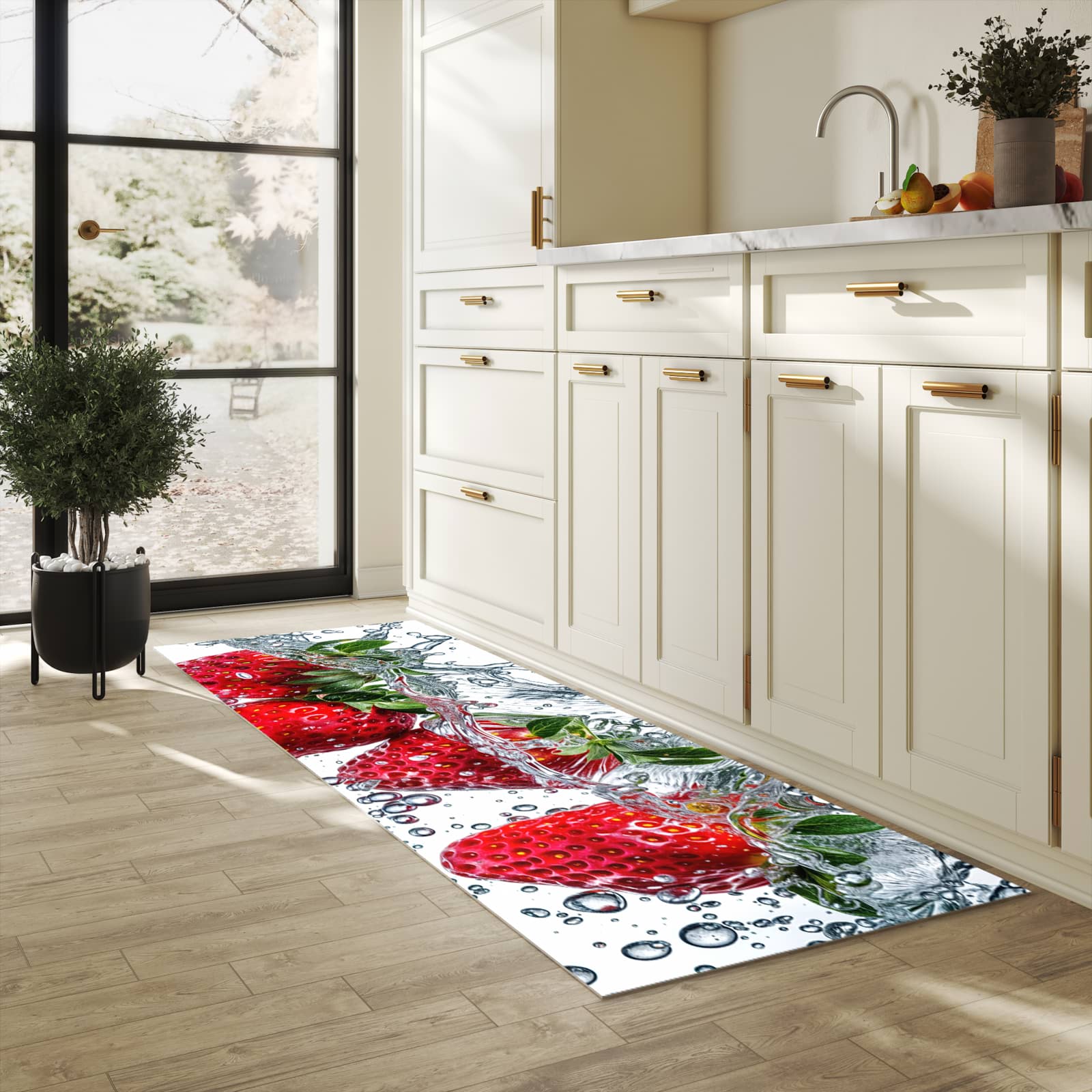 Pflegeleichter waschbarer Küchenläufer mit Motiv In Wasser Erdbeeren in heller Küche