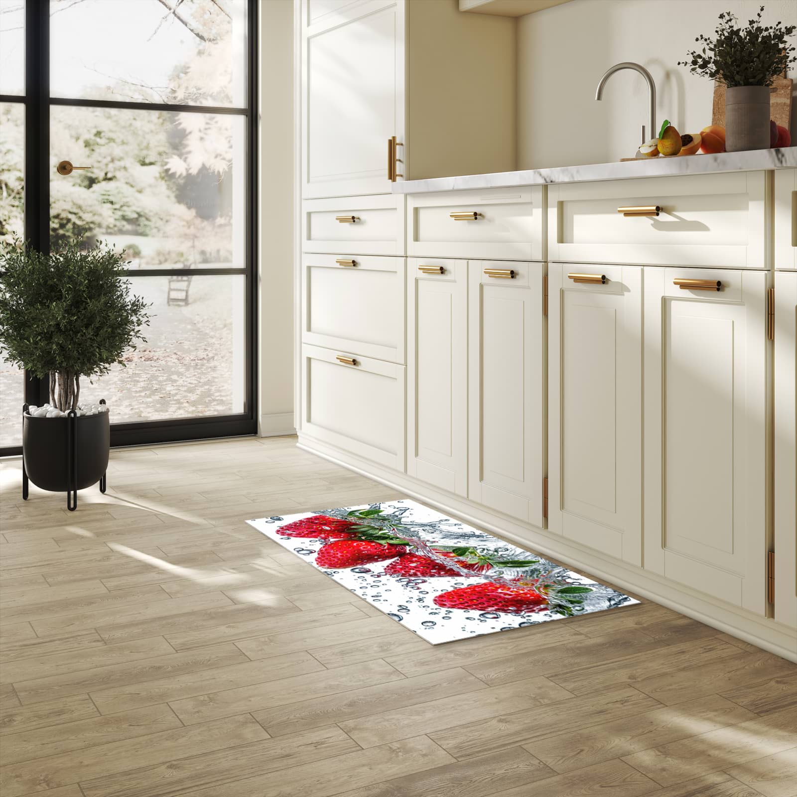 UV-beständiger Küchenteppich mit Motiv In Wasser Erdbeeren in heller Küche