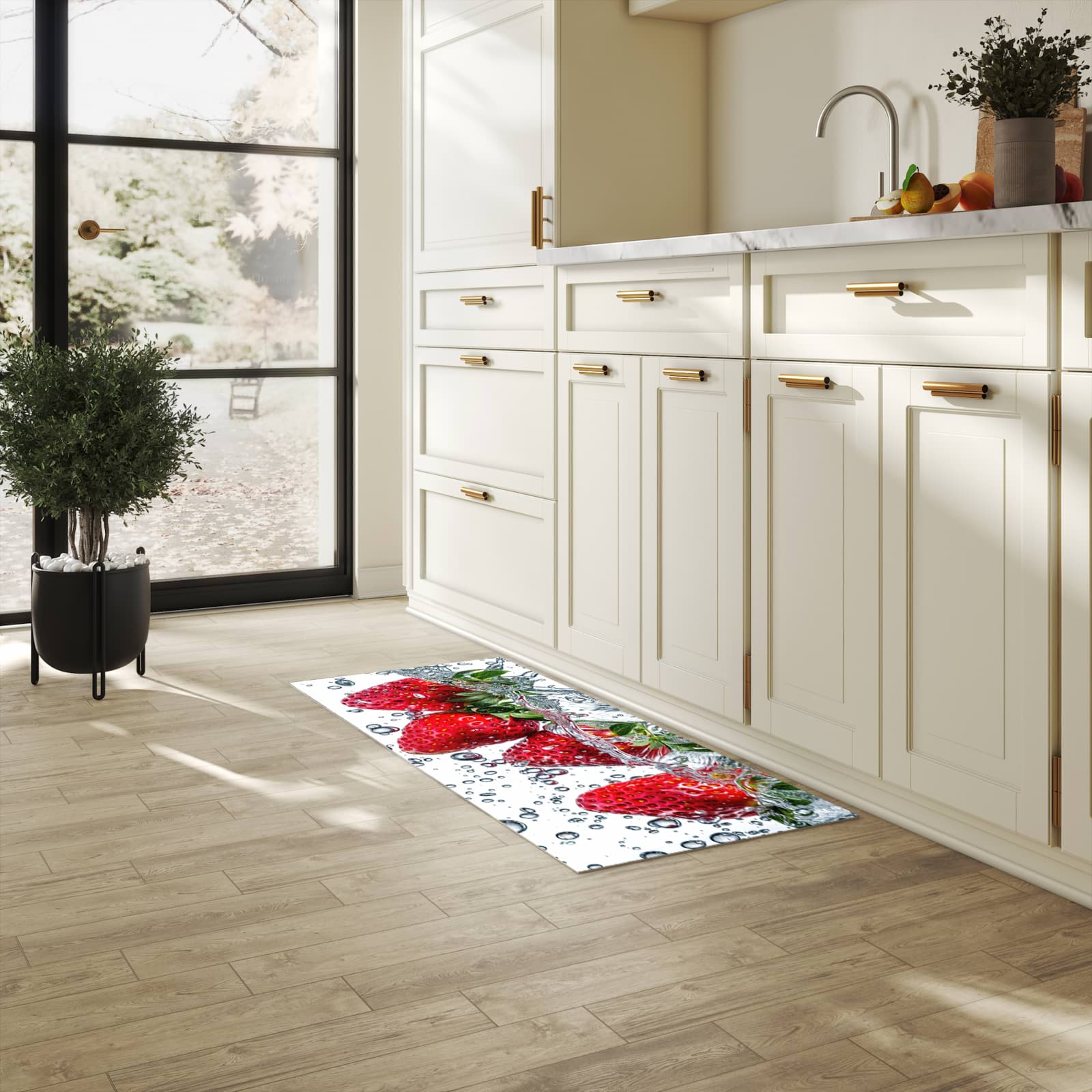 Waschbarer Küchenteppich mit Motiv In Wasser Erdbeeren für Trittkomfort in heller Küche