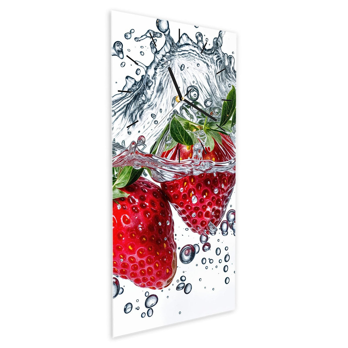 Wanduhr aus Glas im Hochformat Spritzige Erdbeeren schräg von der Seite, 4 mm starkes Glas