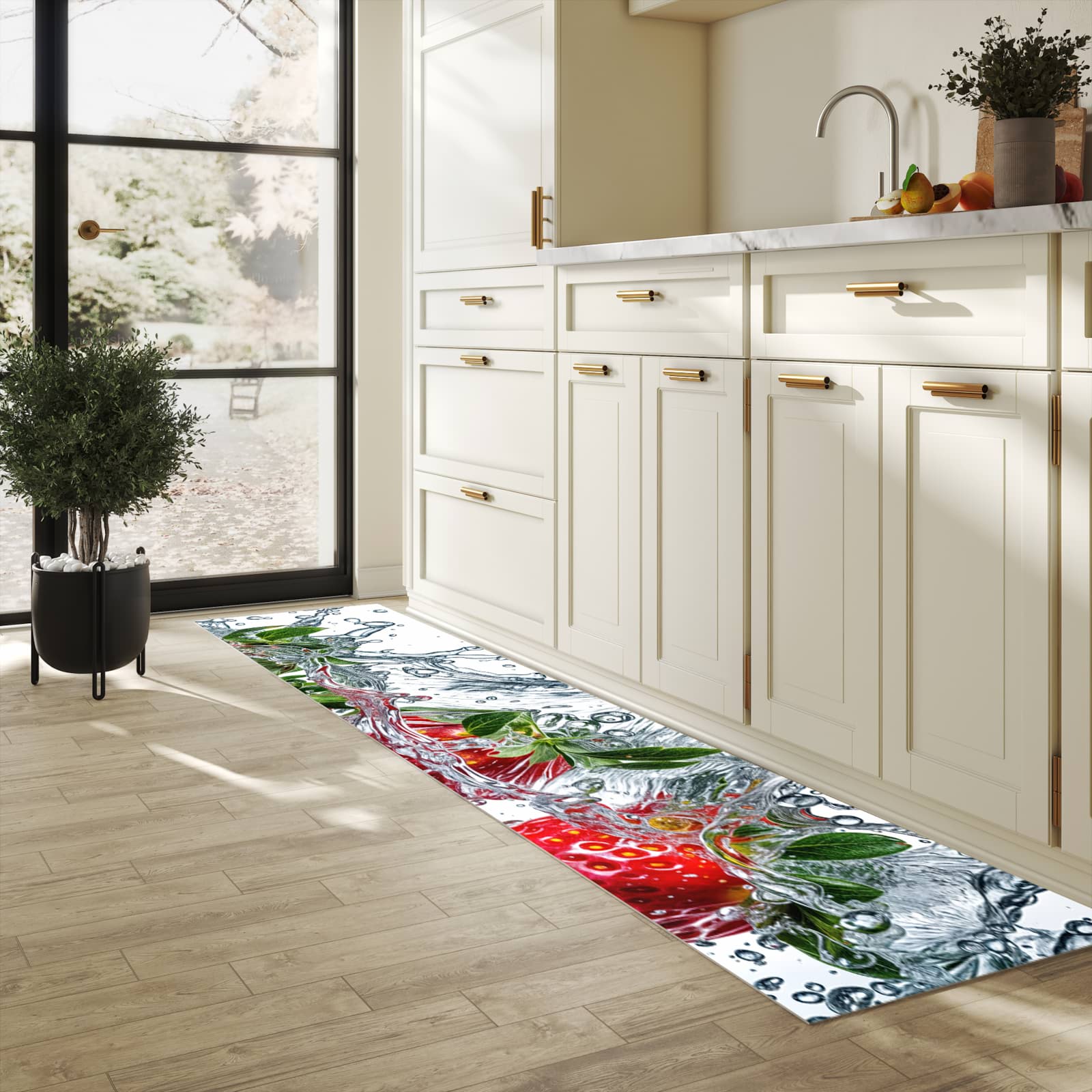 Geruchsneutraler rutschfester Küchenläufer mit Motiv In Wasser Erdbeeren in heller Küche