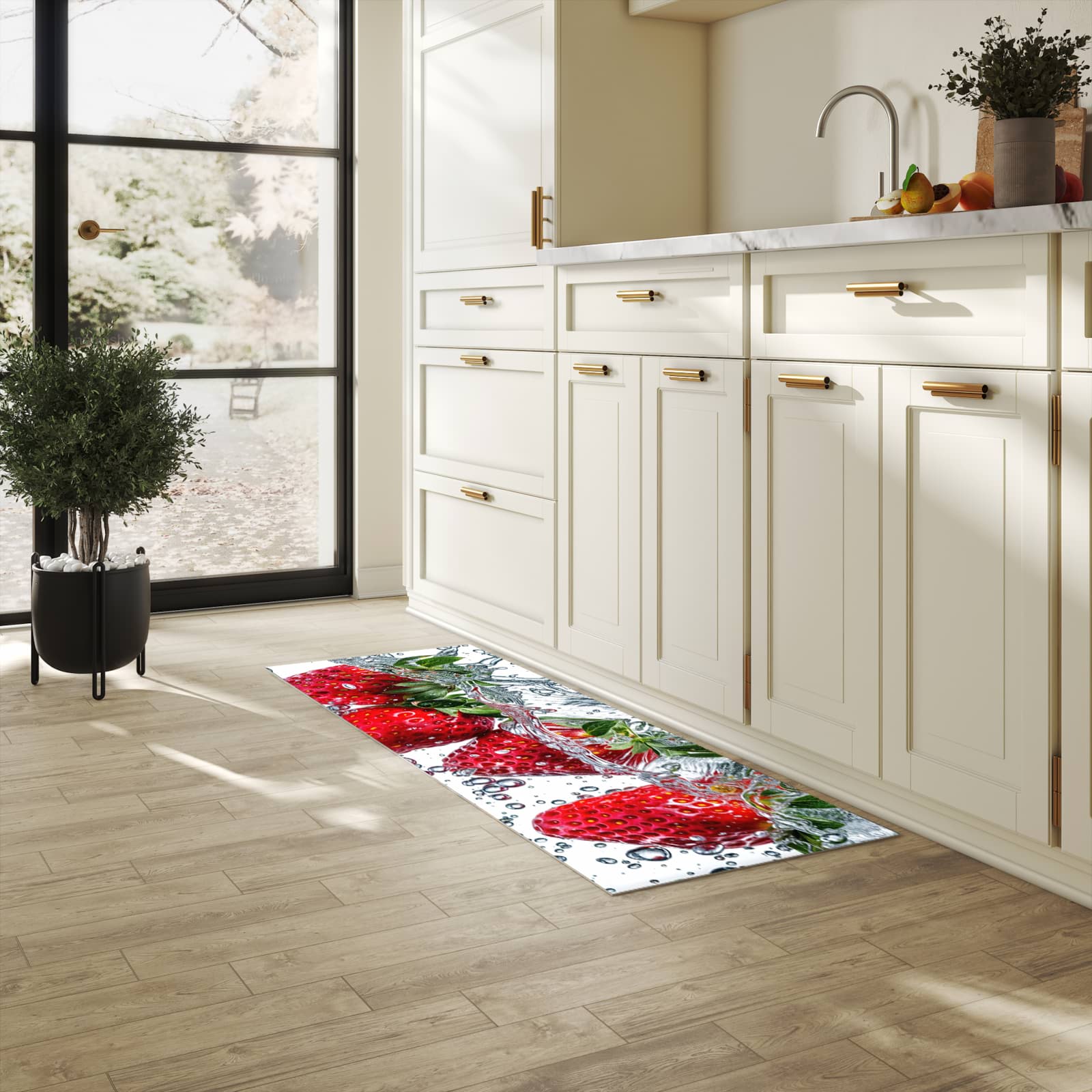 Wasserabweisender Küchenläufer mit Motiv In Wasser Erdbeeren in heller Küche