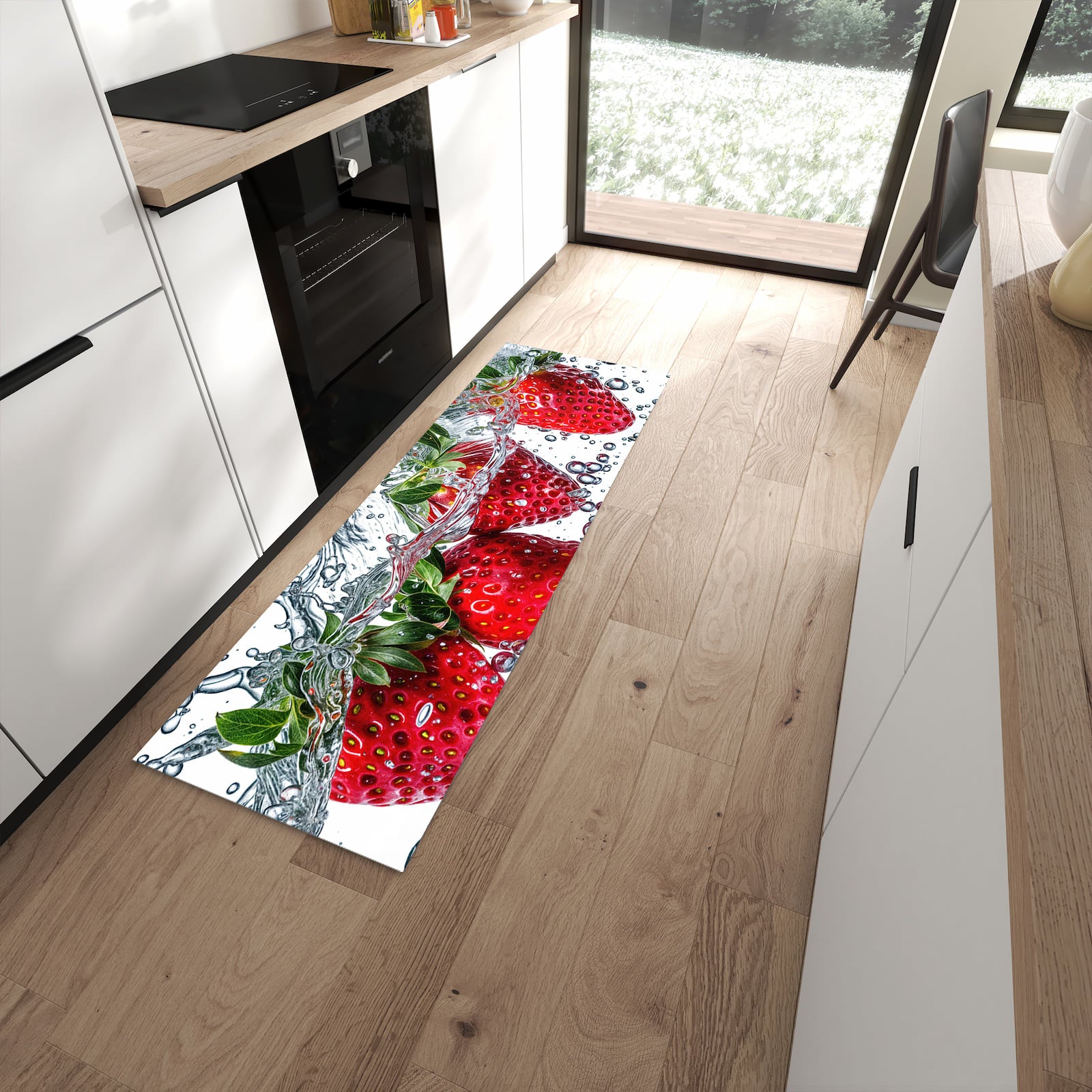 Rutschfester Küchenläufer mit Motiv In Wasser Erdbeeren schützt Böden in moderner Küche