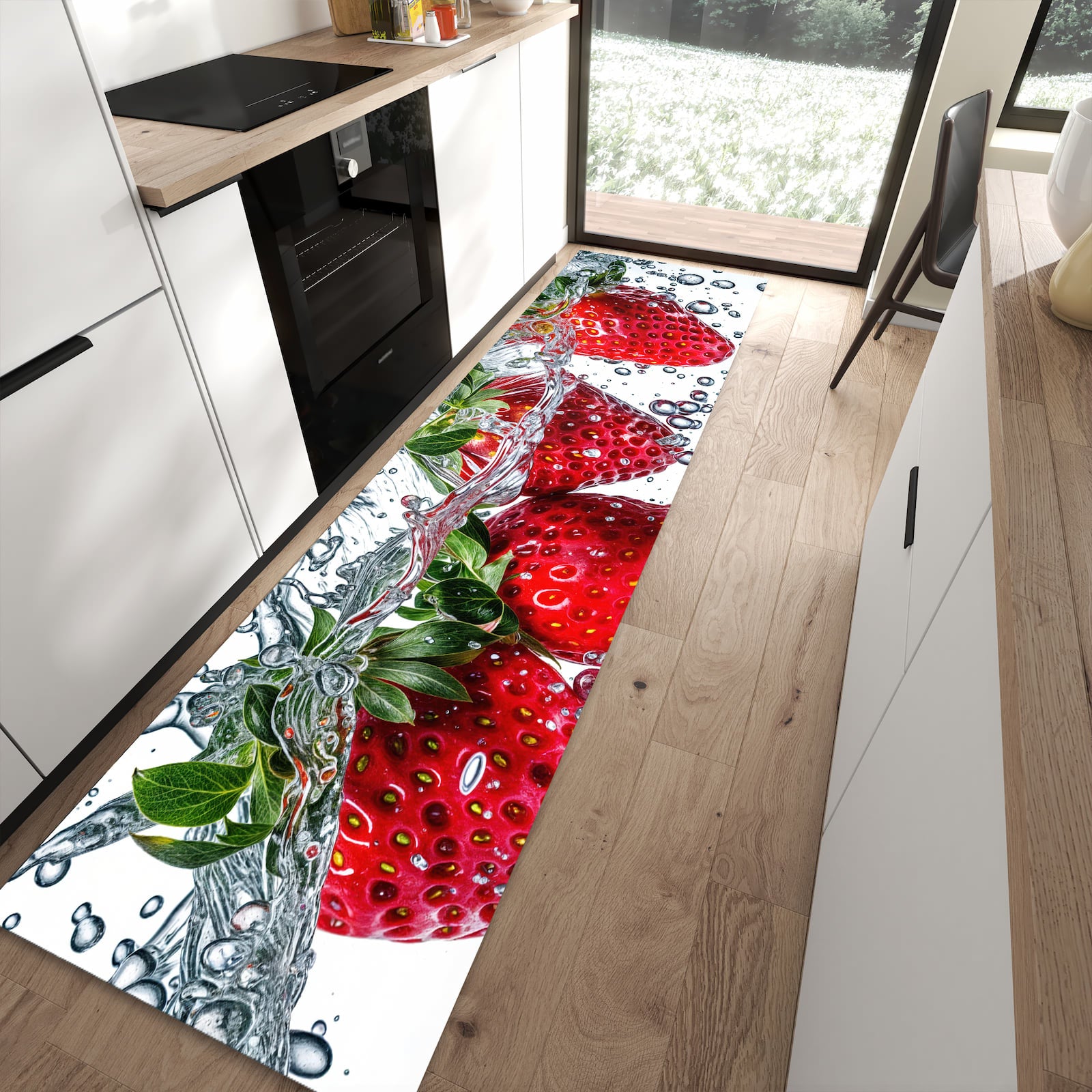 Abriebfester moderner Küchenläufer mit Motiv In Wasser Erdbeeren in moderner Küche
