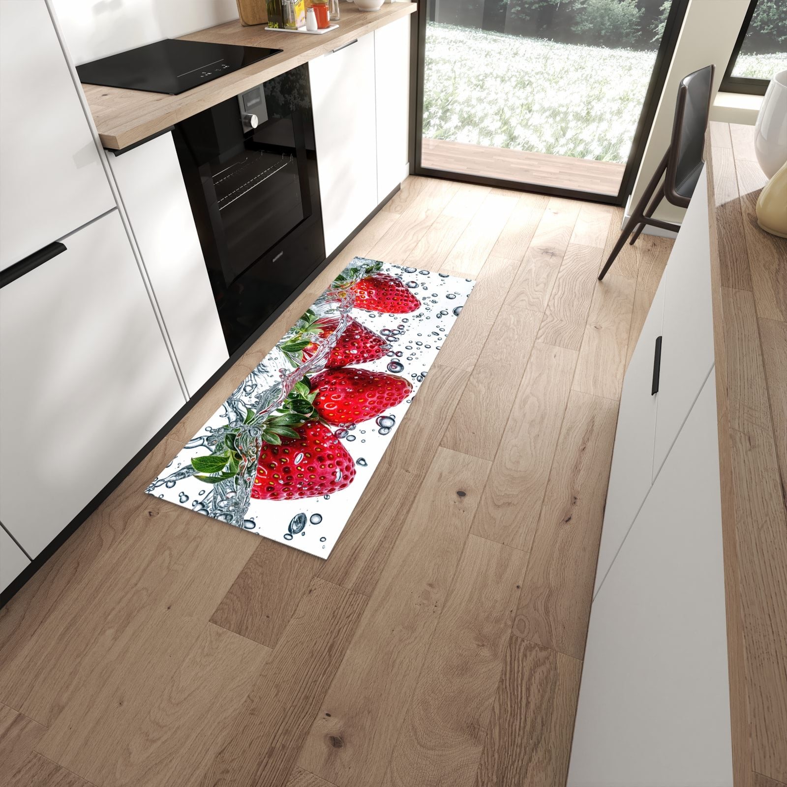 Feuchtigkeitsresistenter Küchenläufer mit Motiv In Wasser Erdbeeren in moderner Küche #grösse_60 x 150 cm