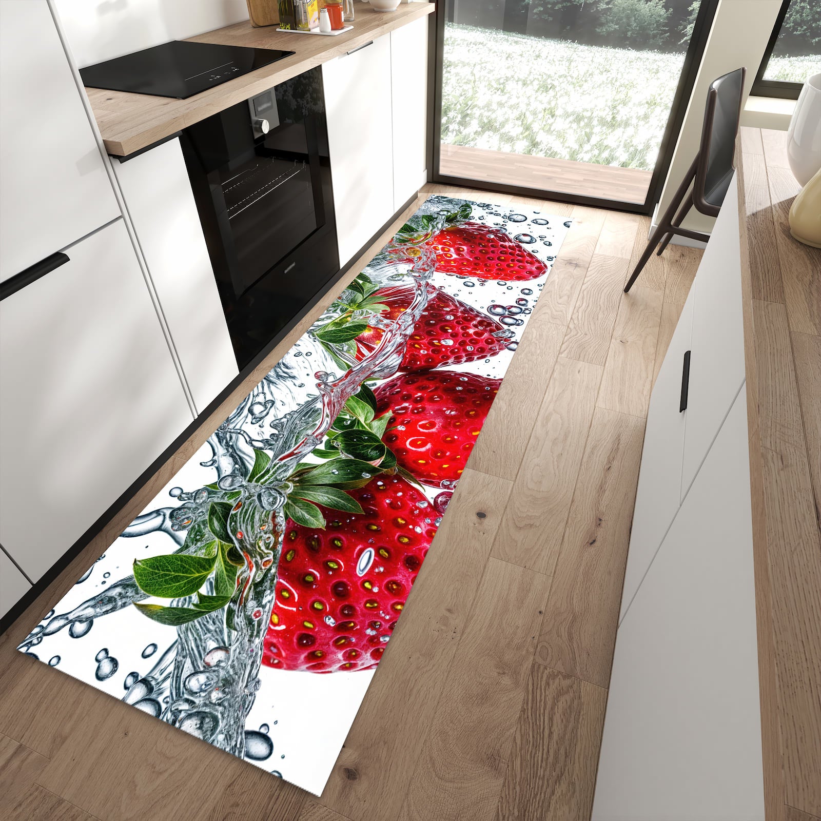 Geräuschdämpfender waschbarer Küchenläufer mit Motiv In Wasser Erdbeeren in moderner Küche